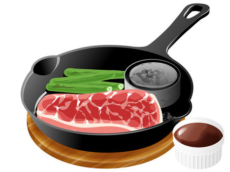 生ステーキ（スキレット） 生ステーキ,ステーキ,料理,食べ物,牛肉,サヤインゲン,スキレット,焼き石,ソースのイラスト素材