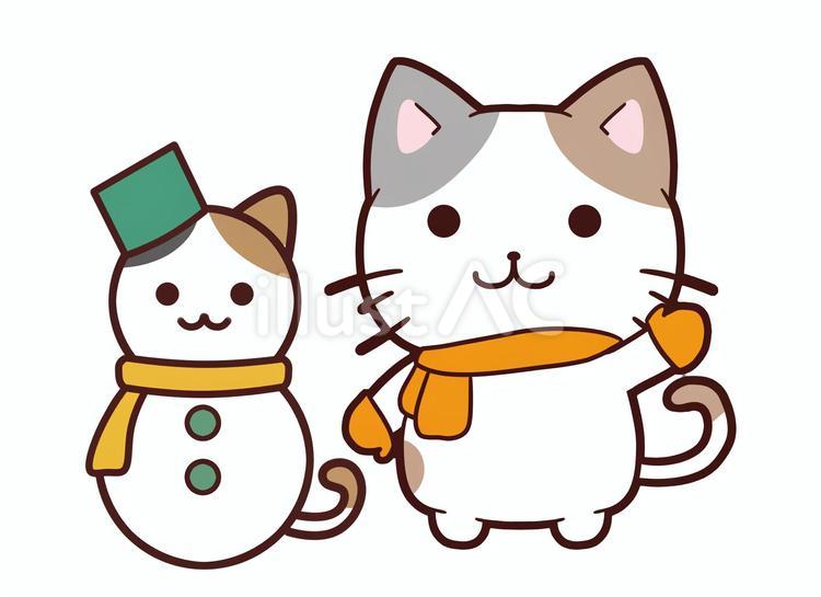 猫のゆきだるまを作る三毛猫 かわいい,動物,手描きのイラスト素材