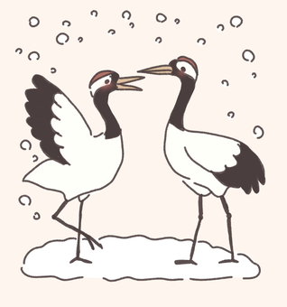 雪上の2羽のツル 鶴,動物,鳥,ペア,越冬,冬,雪,日本,シンプル,向き合うのイラスト素材