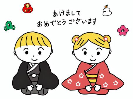新年の挨拶をする男の子と女の子 正月,年賀状,年賀,お正月,新年,元旦,あけましておめでとう,挨拶,あいさつ,着物のイラスト素材