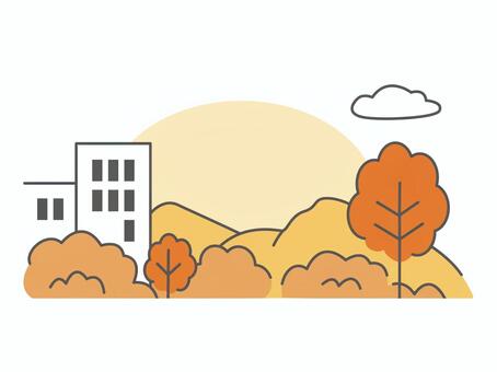 秋の山や紅葉の木の見える地方都市の並木道 並木道,背景,風景,秋,紅葉,ビル,木,山,雲,植木のイラスト素材