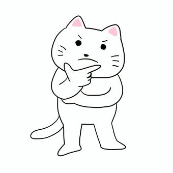 う〜んと考える白猫　全身 ねこ,白猫,キャラ,ポップ,かわいい,動物,考える,悩む,困る,わからないのイラスト素材