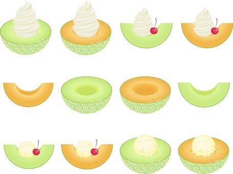 カットメロンデザートセット メロン,ソフトクリーム,アイスクリーム,さくらんぼ,食べ物,デザート,スイーツ,フルーツパーラー,カットフルーツ,果物のイラスト素材