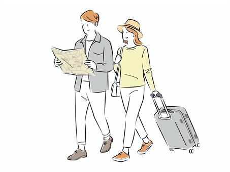 旅行する男女 人物,男,女,旅行,観光,街歩き,全身,地図,マップ,ガイドのイラスト素材