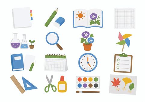 夏休みの宿題と学習道具セット 夏休み,宿題,勉強,自由研究,工作,観察日記,絵日記,ドリル,小学生,教材のイラスト素材