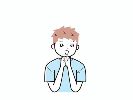 手を組んで目を潤ませる男子／カラー 上半身,半袖,両手,潤ませる,キラキラ,子供,男の子,男児,小学生,幼児のイラスト素材