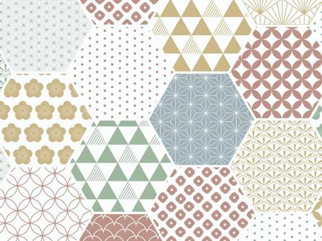 亀甲配置の和柄背景 亀甲,青,赤,黄色,緑,年賀状,新年,謹賀新年,梅,鱗のイラスト素材