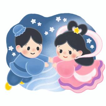 織姫と彦星（夜空） 七夕,織姫,彦星,人物,星,手描き,パステル,色鉛筆,ふんわり,やさしいのイラスト素材