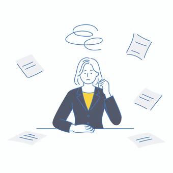 書類に囲まれモヤモヤ悩むビジネスウーマン 書類に囲まれモヤモヤ悩むビジネスウーマン 人物,女性,ビジネス,スーツ,仕事,書類,困る,悩む,ストレス,疲れのイラスト素材