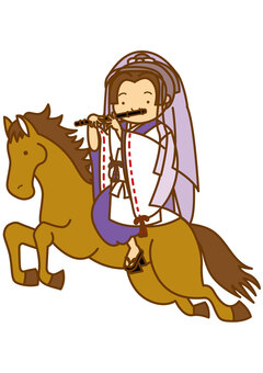 馬と稚児-4c 馬,稚児,和風,乗馬,水干,狩衣,下駄,横笛,笑顔,動物のイラスト素材