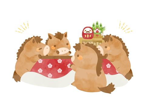 お正月に家族でおしゃべりをするお馬さん達 お正月に家族でおしゃべりをするお馬さん達 2026年,馬,動物,干支,かわいい,お正月,こたつ,家族,話す,コミュニケーションのイラスト素材