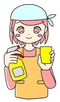 桃色の女の子が洗剤とスポンジを持っている 女の子,ピンク,かわいい,手描き,スプレー,掃除,洗剤,掃除スプレー,スプレーボトル,家事のイラスト素材