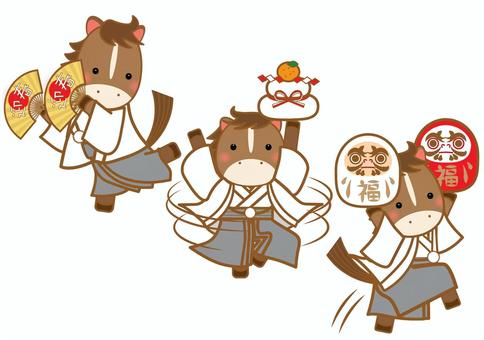 袴で舞う馬（白） 年賀状,2026年,馬,午年,干支,踊る,舞う,正月,だるま,紅白のイラスト素材
