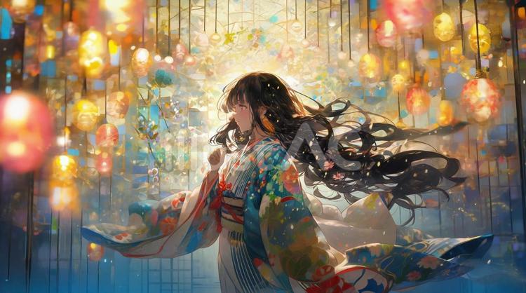 ガラスの世界と少女１ 女の子,着物,ガラスのイラスト素材