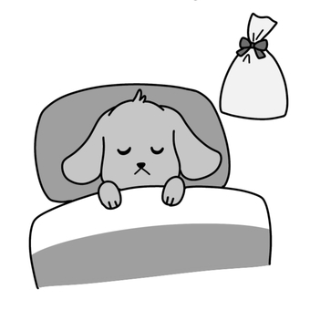 サンタが来た犬（白黒） 冬,クリスマス,ジングルベル,夜,聖夜,クリスマスプレゼント,プレゼント,贈り物,宅配,枕元のイラスト素材