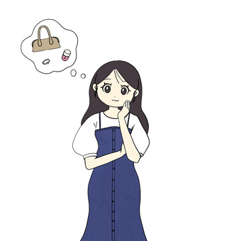 何を買うか考えている女性 買い物,女性,カバン,マニキュア,シースルーバング,ロングヘア,シンプル,悩む,ワンピースのイラスト素材
