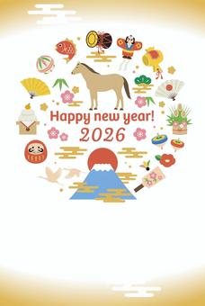 2026年午年年賀状テンプレート縦  年賀状,2026,馬,午,テンプレート,年賀,干支,お正月,和,新年のイラスト素材