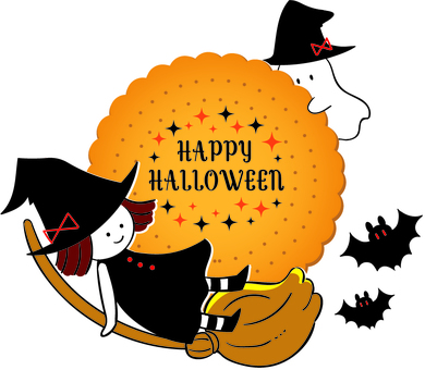 Illustration of a little witch and a little ghost, halloween, happy halloween, autumn, JPG and PNG