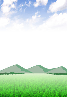 広い自然　 草原,草地,山,地面,自然,空,雲,大地,風景,水彩のイラスト素材