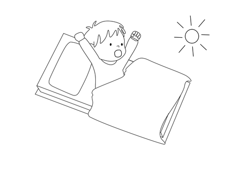 【動作絵】起きる男の子 動作絵,絵カード,子供,言語聴覚療法,療育,ラインアート,シンプル,男の子,起きる,朝のイラスト素材