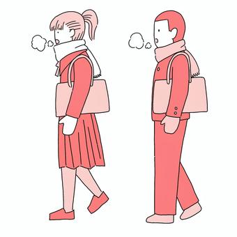 冬の通学 冬の通学 学生,通学,女子高生,男子校生,マフラー,手袋,学生カバン,白い息のイラスト素材