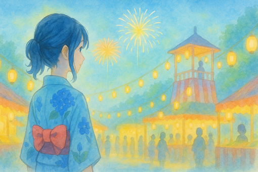 夏祭りの花火と浴衣の女性