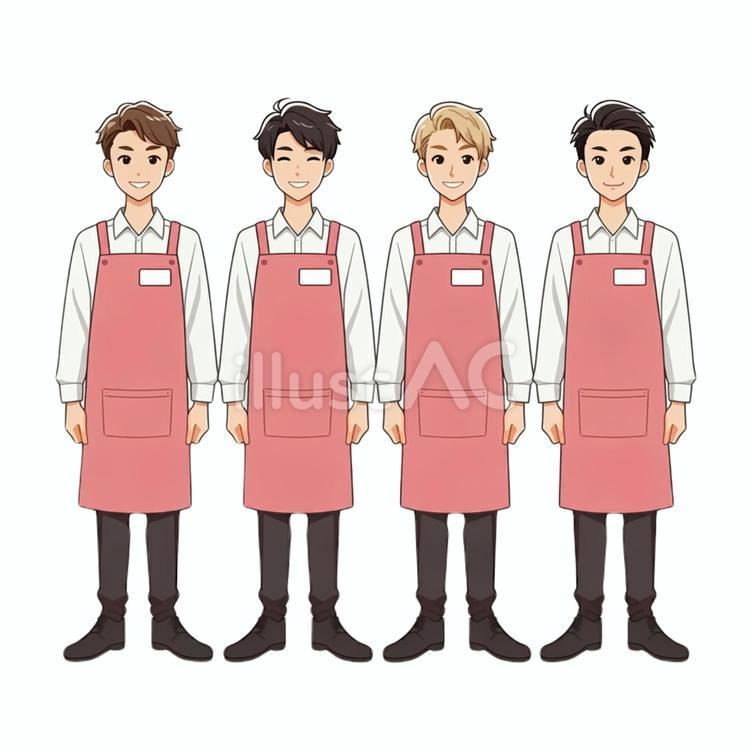 エプロンの男性店員 エプロン,男,4人のイラスト素材