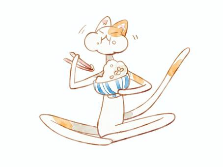 ご飯ほおばり猫 猫,可愛い,ごはん,食べる,ほおばる,もぐもぐ,丼飯,あぐら,水彩風のイラスト素材