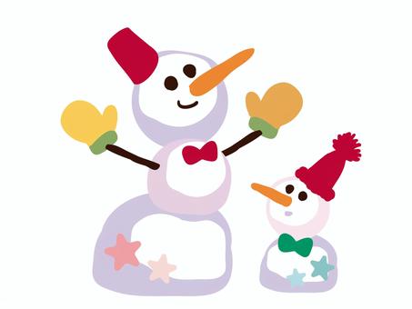 クリスマスの雪だるまの親子 クリスマス,雪だるま,ホワイト,白い,雪,積雪,赤,ラッピング,手描き,家のイラスト素材