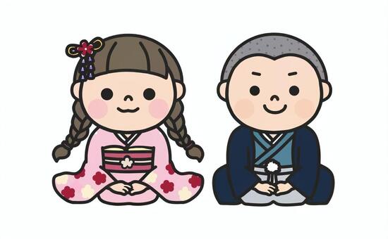 着物姿で並んで正座する男の子と女の子5 お正月,正座,和服,着物,男女,ペア,和装,挨拶,新年,新春のイラスト素材