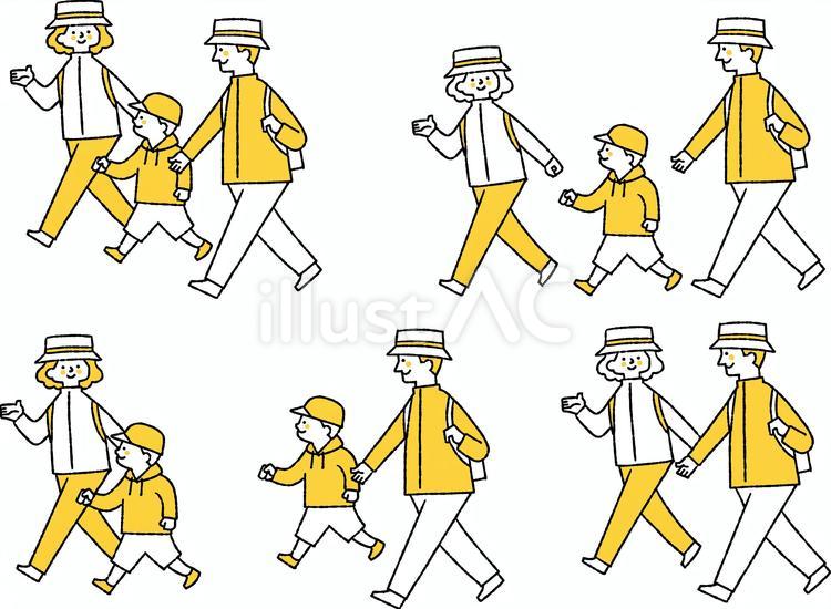 帽子をかぶって出かける人たちのセット 帽子,お出かけ,3人家族のイラスト素材