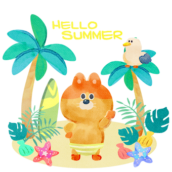 水彩画_Hello Summer_02 猫,動物,手描き,水彩画,水彩,水彩風,水彩画風,夏,はーい,こんにちはのイラスト素材