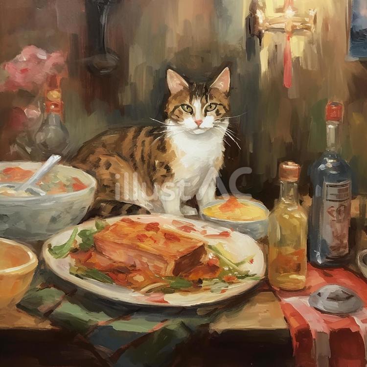 酒と料理と猫 油絵風 料理,酒,レストランのイラスト素材