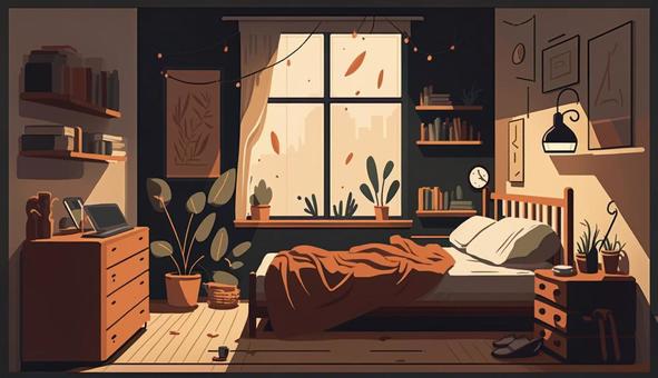 Illustration, stanza, letto, cassettiera, 