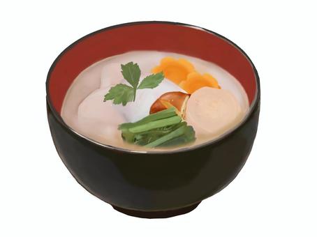 お雑煮26（白みそ）1 お雑煮,雑煮,白味噌,関西,餅,丸餅,お餅,正月,大根,里芋のイラスト素材