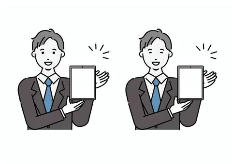 タブレットを見せるビジネスマン空欄 男性,仕事,ビジネス,タブレット,営業,スーツ,空白,サラリーマン,ビジネスマン,手書きのイラスト素材