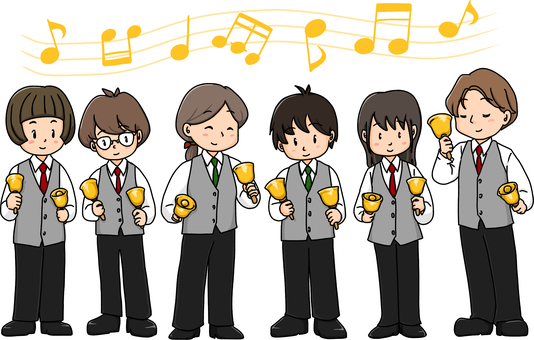 ハンドベルを演奏する男女グループ ハンドベル,ハンドベル奏者,クリスマス,コンサート,クリスマス会,音楽会,演奏中,全身,音符,男性のイラスト素材