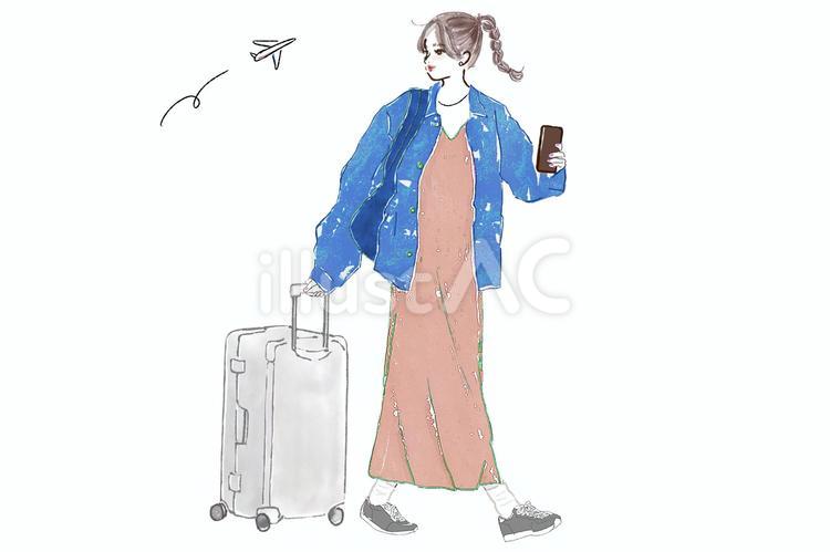 女性　旅行　スーツケース　みつあみ　 女性,旅行,ジャケットのイラスト素材