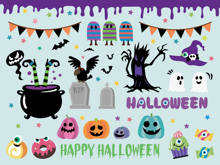 ハロウィン素材-6 ハロウィン,秋,10月,素材,ガーランド,おばけ,ゴースト,魔女,釜,お墓のイラスト素材
