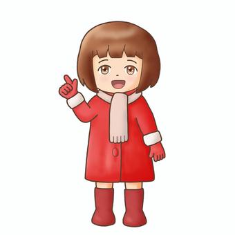 指さしポーズの女の子（冬の日常ポーズ） 女の子,冬,冬服,コート,マフラー,手袋,ブーツ,かわいい,日常,立ちポーズのイラスト素材