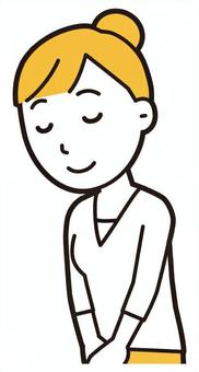 お団子主婦(黄)-432-バスト  お団子主婦(黄)-432-バスト おじぎ,笑顔,女性,主婦,ママ,長袖,シャツ,半端袖,お団子,アップヘアのイラスト素材