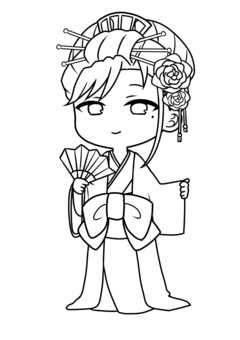 花魁ミニキャラ線画 花魁,線画,塗り絵,着物,女性,女,和風,ミニキャラ,ちびキャラ,デフォルメのイラスト素材