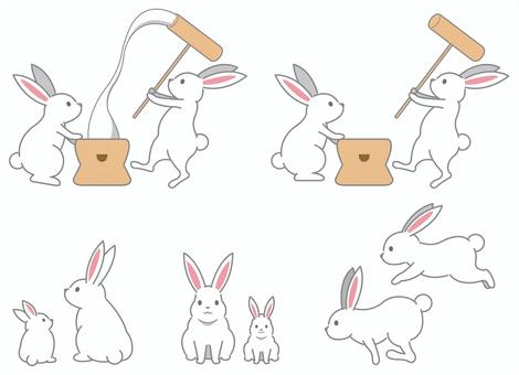 ウサギたち（線あり）_25 うさぎ,十五夜,9月,秋,アイコン,イラスト,餅つき,中秋の名月,ウサギ,白うさぎのイラスト素材