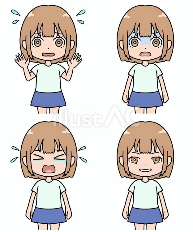 女の子の表情セット4種類 女の子,かわいい,ミニキャラのイラスト素材