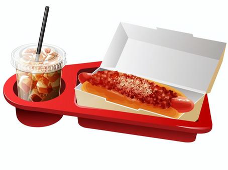 映画館のチリドッグとコーラ チリドッグ,コーラ,映画館,トレイ,料理,食べ物,ウィンナー,ロールパン,飲み物,カップのイラスト素材