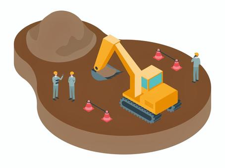 アイソメトリック_シャベルカーと作業員 アイソメトリック_シャベルカーと作業員 アイソメトリック,立体,アイソメ,斜め上,シャベルカー,作業員,人物,カラーコーン,現場,工事のイラスト素材