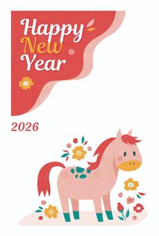 年賀状2026_ポップかわいい馬と花_4 馬,花,年賀状,カード,ポップ,かわいい,カラフル,2026年,2026,午のイラスト素材