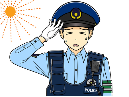 日差しが眩しく感じる夏服の男性警察官 男性,警察官,夏服,制服,制帽,防刃ベスト,無線機,腕章,白手袋,日差しのイラスト素材