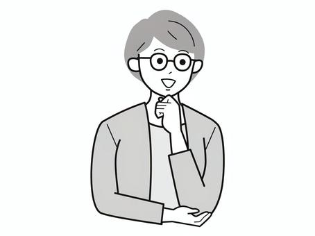 顎に手を当て笑顔の女性会社員A／白黒 上半身,会社員,顎,手,笑顔,女性,お母さん,ママ,社会人,キャリアウーマンのイラスト素材