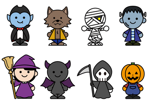 ハロウィンのかわいいモンスターたち ハロウィン,モンスター,西洋妖怪,怪物,妖怪,ドラキュラ,人造人間,ミイラ男,狼男,魔女のイラスト素材